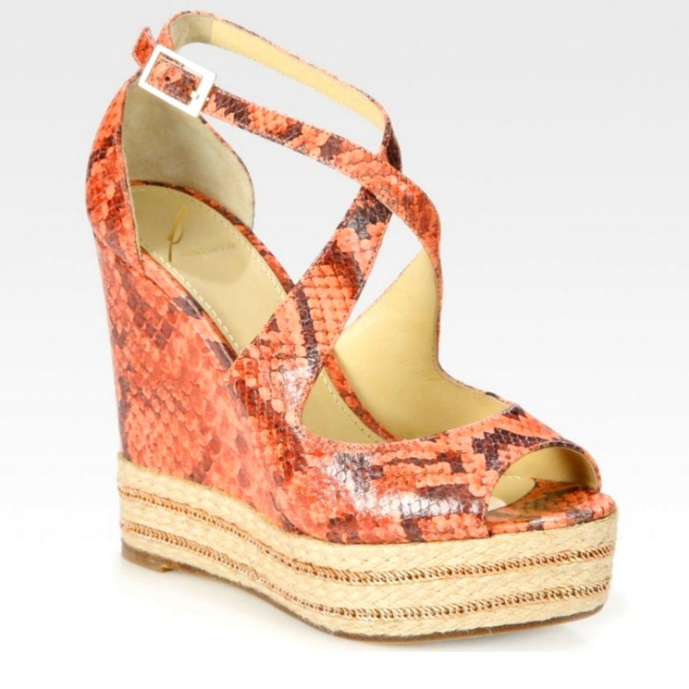 Brian Atwood "Dekoda" Snake-Print Espadrille Wedges Sz 9